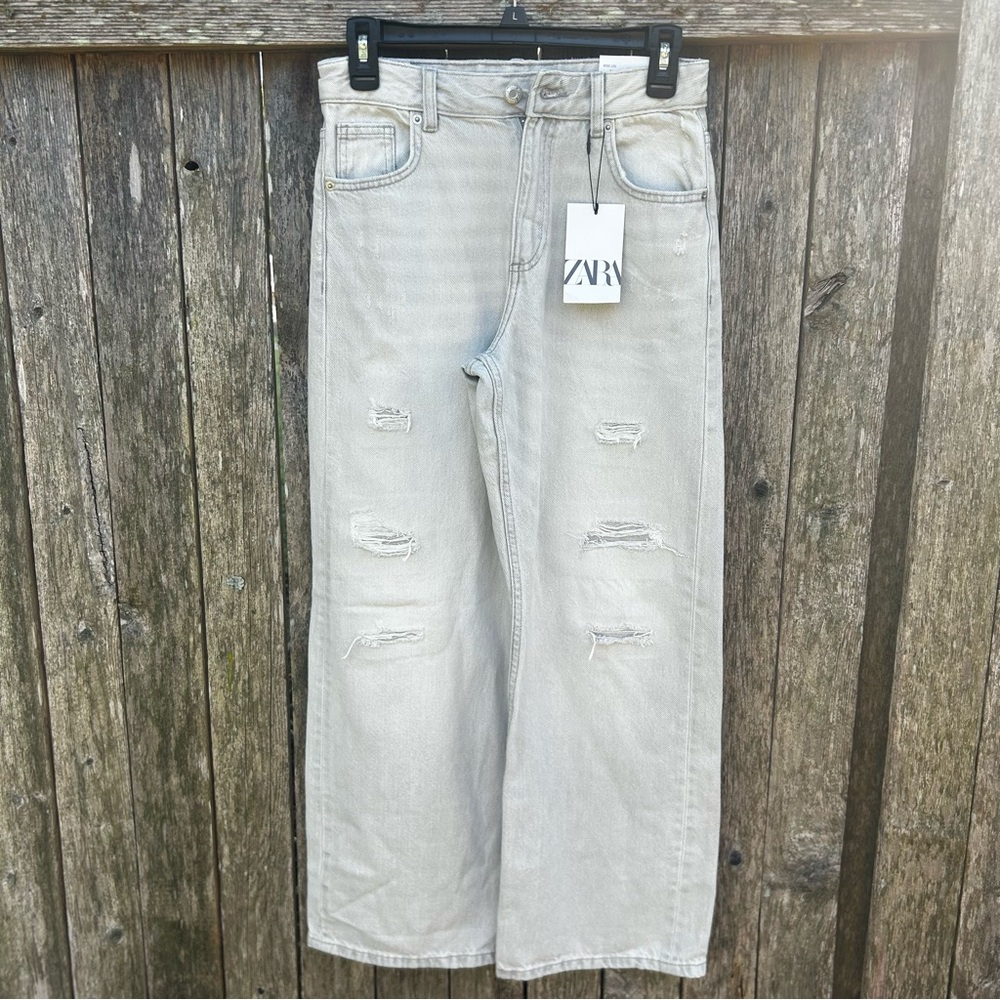 Zara Light Gray Wide Leg Ripped Jeans Size 12 - 13